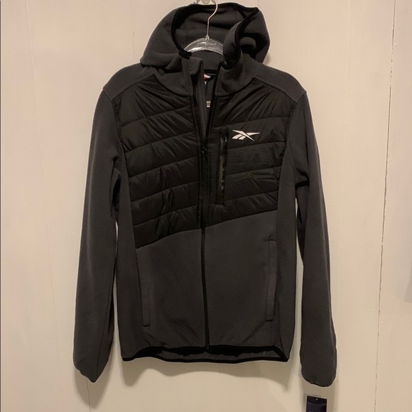 Reebok Men's Black and Gray Hooded Fleece Jacket